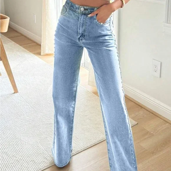 Women's Light Blue Flared Jeans with Silver Stud Accents - Picture 3 of 12